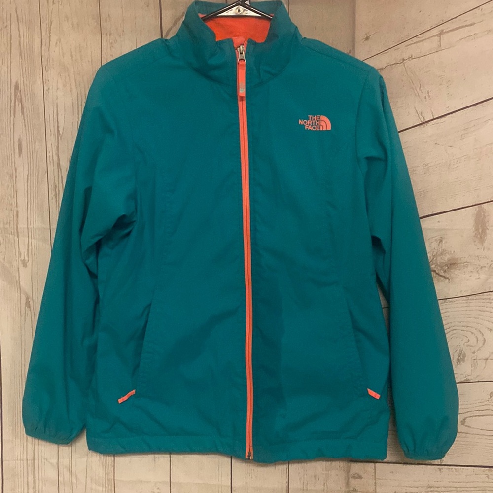 NorthFace Girl’s Teal/Neon Pink fleeced lined jacket,Size XL(18),gently used
